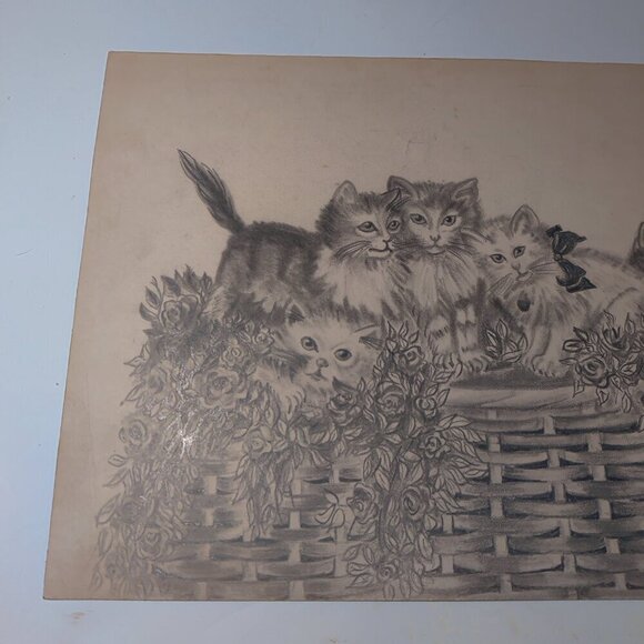 Pencil Sketch of a basket of kittens by artist signed, Esther 1949. - Picture 4 of 8